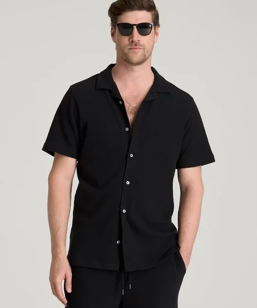 Black Zervalon Relaxed Fit Short Sleeve Button Front Collared Shirt Nuviandcasao