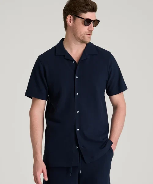 Navy Blue Vorellian Nuviandcasao Short Sleeve Button Front Relaxed Fit Shirt